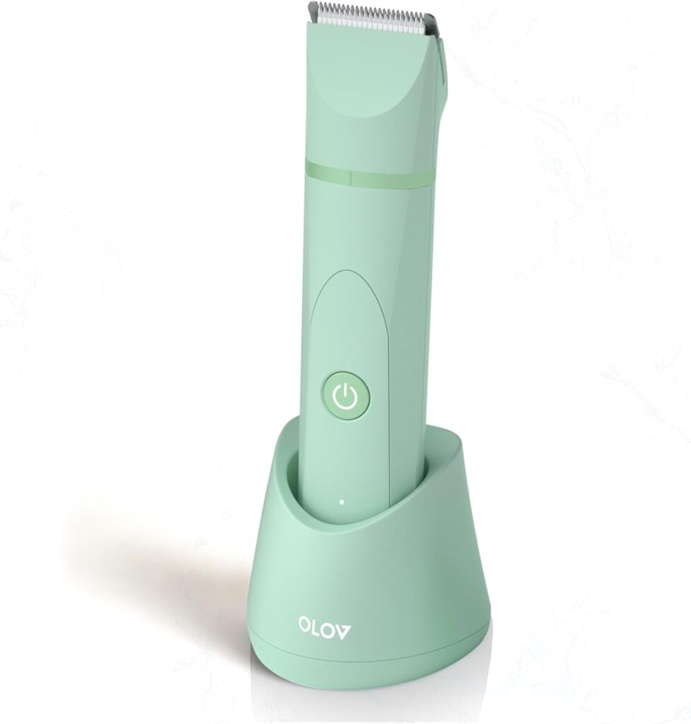 OLOV Electric Body Hair Trimmer for Men & Women – Waterproof Groin & Bikini Trimmer with Replaceable Ceramic Blades, Wet/Dry Shaver Groomer, Cordless Hygiene Razor with USB Recharge Dock (Green) 516iokkd3ol. ac sl1500