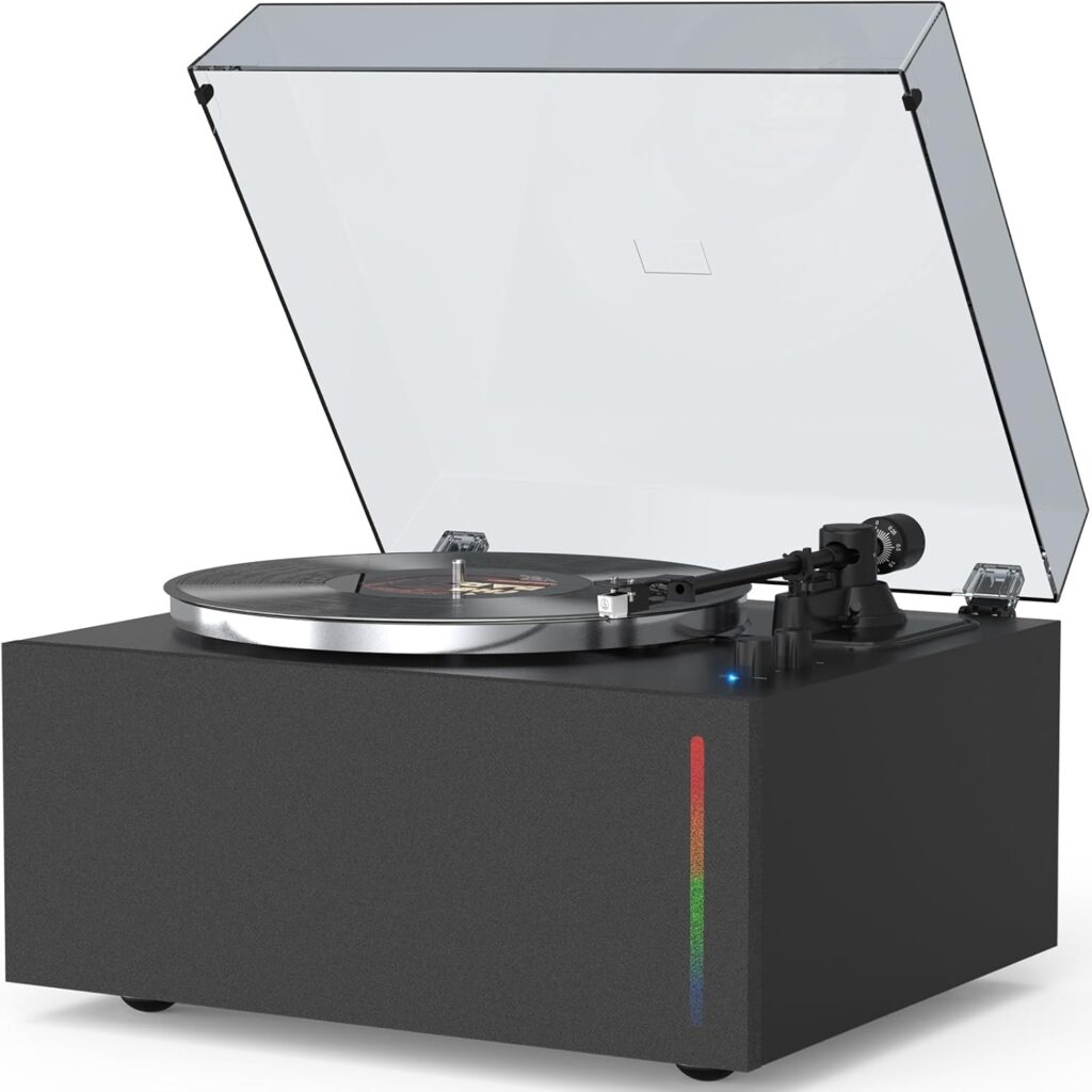 All-in-One Turntable Vinyl Record Player with HiFi Stereo Speakers, Belt-Drive Phono Preamp, ATN-3600L MM Cartridge, Bluetooth Wireless, AUX/RCA Output, Auto-Off & LED Ambient Light (Pure Black) 61gboo nmil. ac sl1500