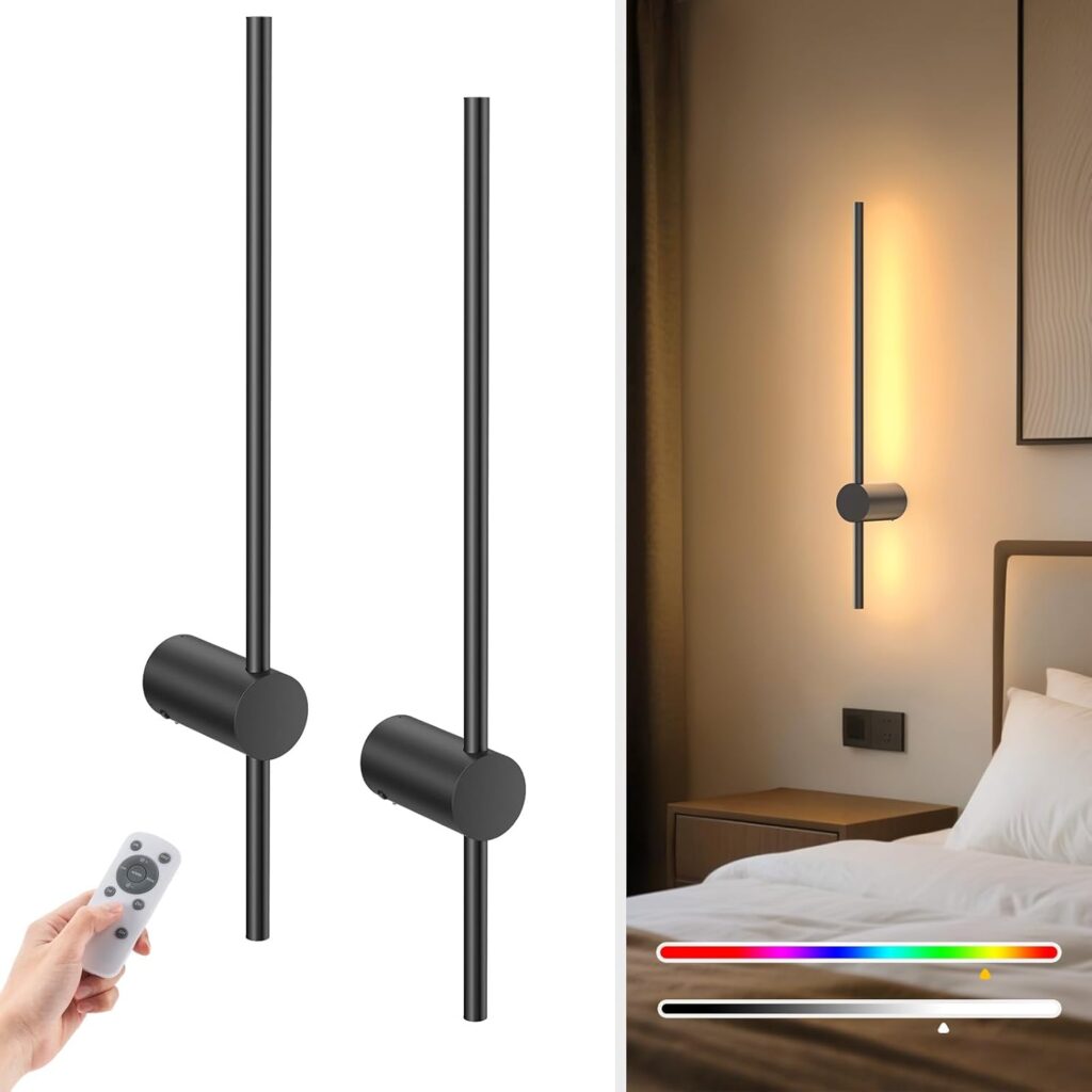 NIORSUN 24" Rechargeable Wall Sconce Set of 2, Minimalist Battery Operated LED Wall Lights with Remote, 10-Color Dimmable Wireless Wall Lamps for Living Room, Bedroom & Hallway (Black) 61obhvgjkhl. ac sl1500