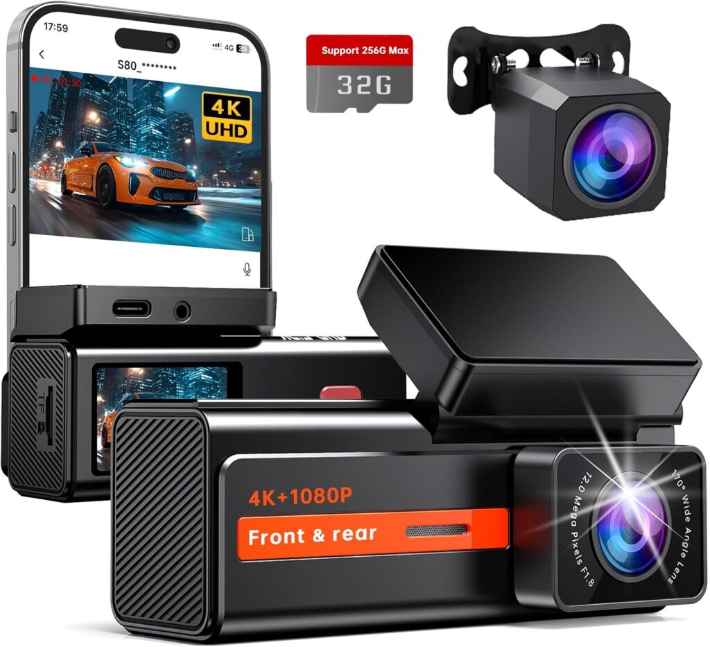 4K Front + 1080P Rear Dash Cam with WiFi App, Night Vision, 170° Wide Angle, 24H Parking Monitor, G-Sensor, Loop Recording, Mini Car Camera with 32GB Card, Supports up to 256GB 7146gxrrkwl. ac sl1500