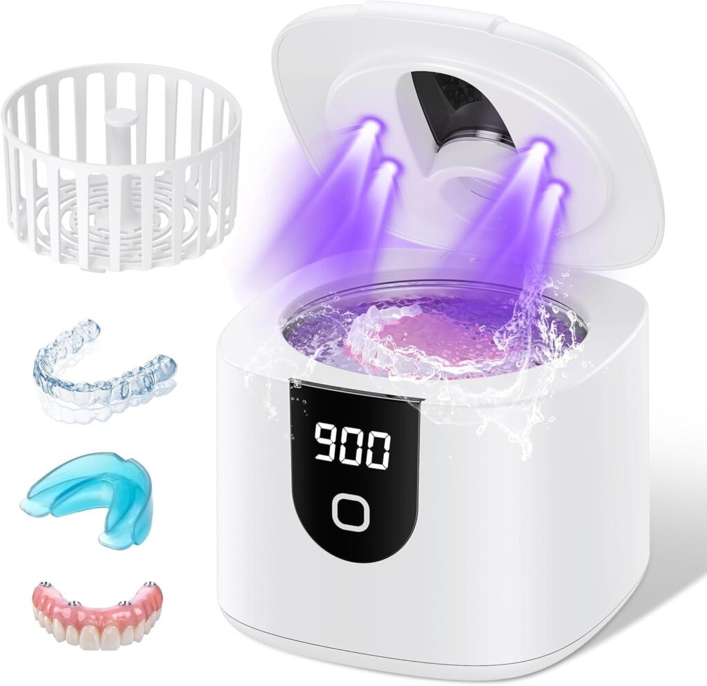 45kHz Ultrasonic Denture & Retainer Cleaner Machine, 200ML Dental Cleaning Pod with 4 Modes & Digital Timer – Fast Cleaning for Aligners, Mouth Guards, Braces & Jewelry (White) 61hzffcnd l. sl1500