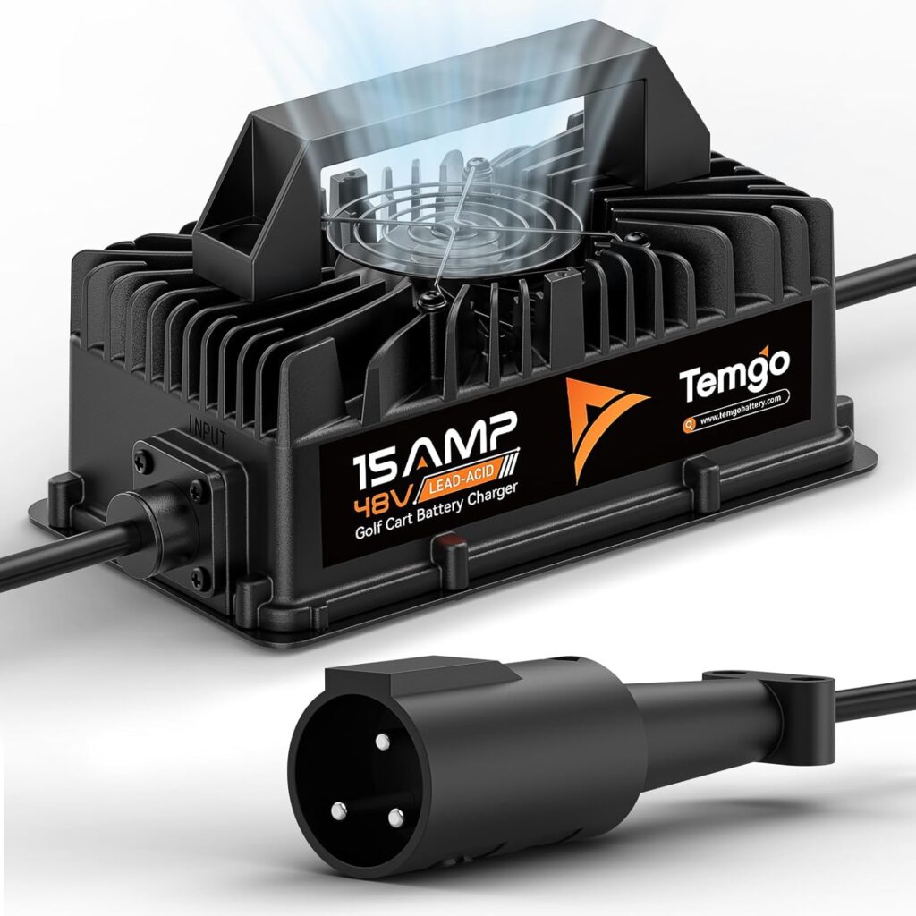 48V 15A Golf Cart Battery Charger for Club Car, 3-Pin Round Plug Fast Charger for Lead Acid Batteries, IP67 Waterproof Smart Charger with Cooling Fan 713go1sx1al. ac sl1500
