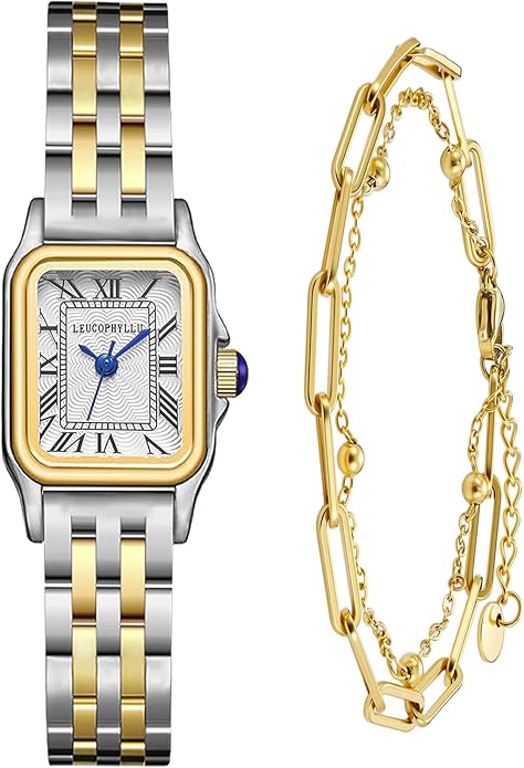 Small Gold Watches for Women – Vintage Rectangular Case, Classic Roman Numeral Dial, Stainless Steel Bracelet Band, Water Resistant, Includes Matching Gold Bracelet Chain – Elegant Retro Dress Watch 71m2azkjbul. ac sy695