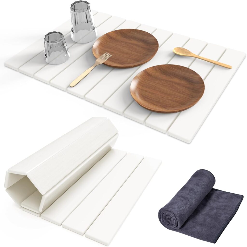 Stone Dish Drying Mat for Kitchen Counter, 24" × 16" Fast-Drying Diatomaceous Earth Drying Mat, Collapsible Stone Drying Pad with Sanding Tool for Cups, Dishes & Bottles 611xttwir0l. ac sl1500