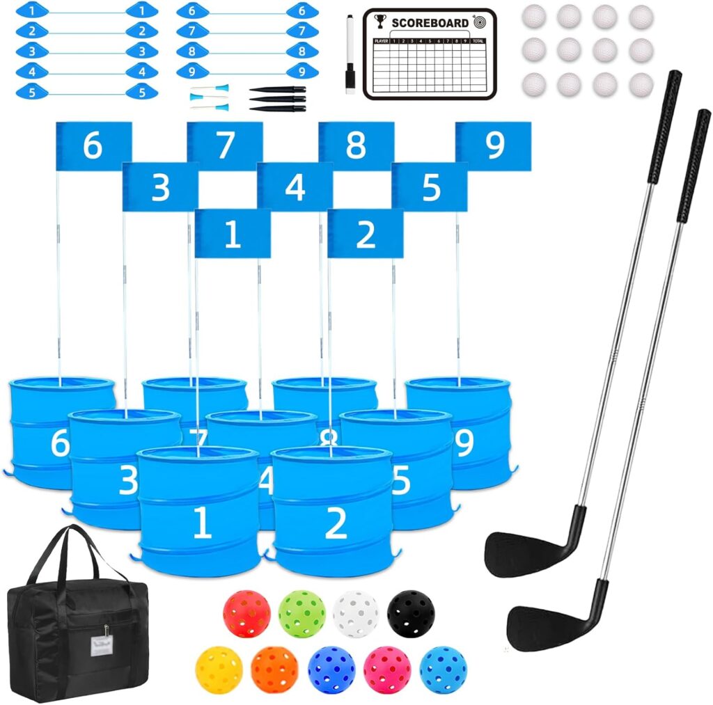 JIIFO Outdoor Golf Game Set with 2 Right-Handed Clubs & 9 Target Buckets, Lawn & Yard Practice Golf Game for Adults, Portable Holes Golf Game for Backyard, Camping, Park & Outdoor Fun 71ssinxfcgl. ac sl1500