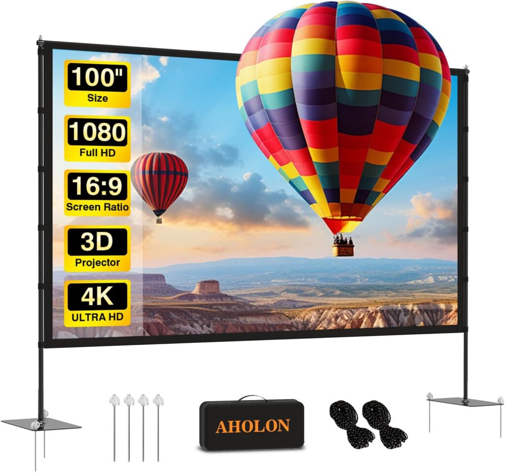 AHOLON Outdoor Projector Screen with Stand – 100 Inch Portable Projector Screen, 16:9 4K HD Wrinkle-Free Lightweight Movie Screen for Indoor & Outdoor Use with Carry Bag 71swasra6yl. ac sl1500