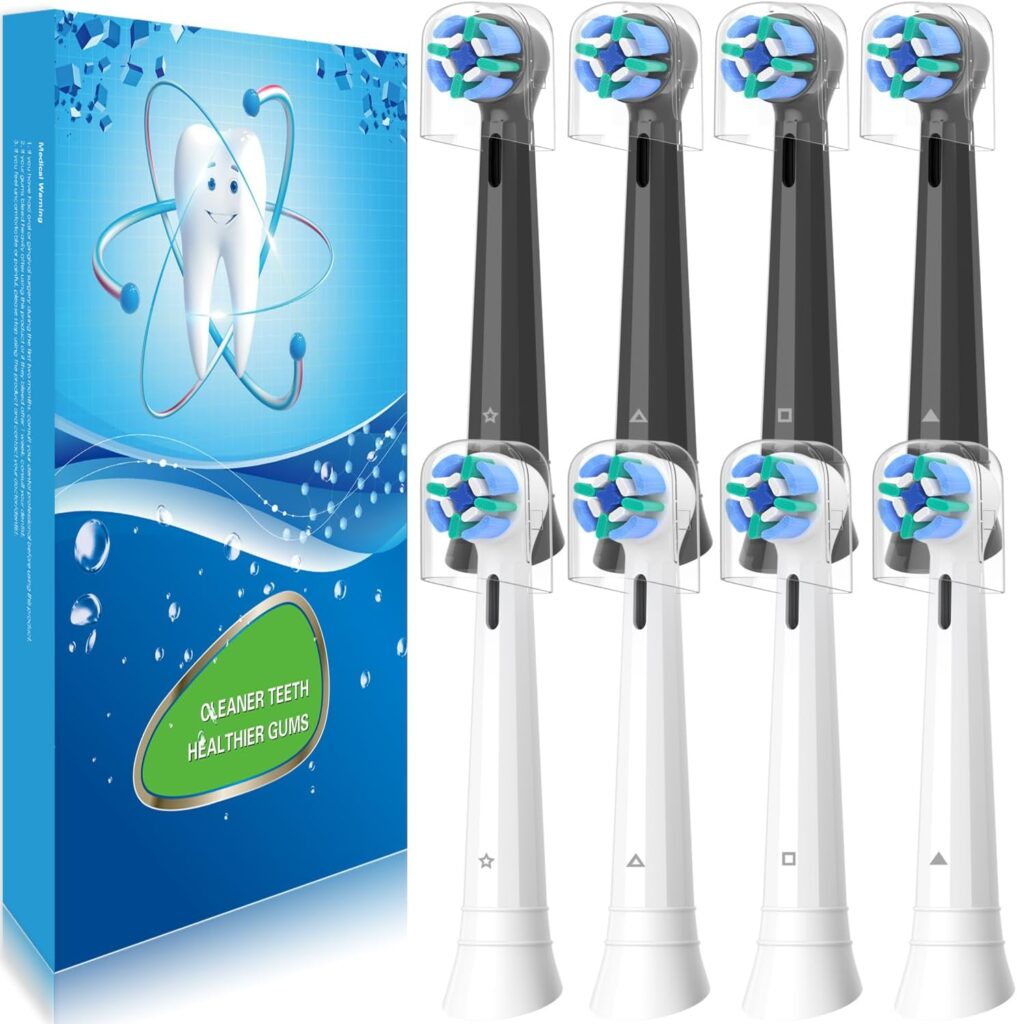 Replacement Brush Heads Compatible with Oral-B iO Toothbrushes, Fits iO Series 2/3/4/5/6/7/8/9/10/7G, Electric Toothbrush Heads with Hygienic Covers, Black & White PackWide Compatibility with Oral-B iO Series Designed to fit Oral-B iO electric toothbrush handles including iO 2, 3, 4, 5, 6, 7, 8, 9, 10, and 7G series (toothbrush handle not included). • Advanced Cleaning Performance Precision-engineered bristles help remove plaque effectively while being gentle on gums, supporting daily oral care and cleaner teeth. • Color-Coded Black & White Design Includes black and white brush heads for easy identification—perfect for sharing between family members. • Hygienic Protective Covers Included Each brush head comes with a protective cover to keep bristles clean and dust-free—ideal for storage and travel. • Easy Snap-On Replacement Quick and secure attachment makes it easy to replace brush heads in seconds, ensuring consistent brushing performance. • Value Multi-Pack for Everyday Use Cost-effective replacement pack helps you maintain dentist-recommended brush head changes every 3 months. 71vmbucqrrl. ac sl1500