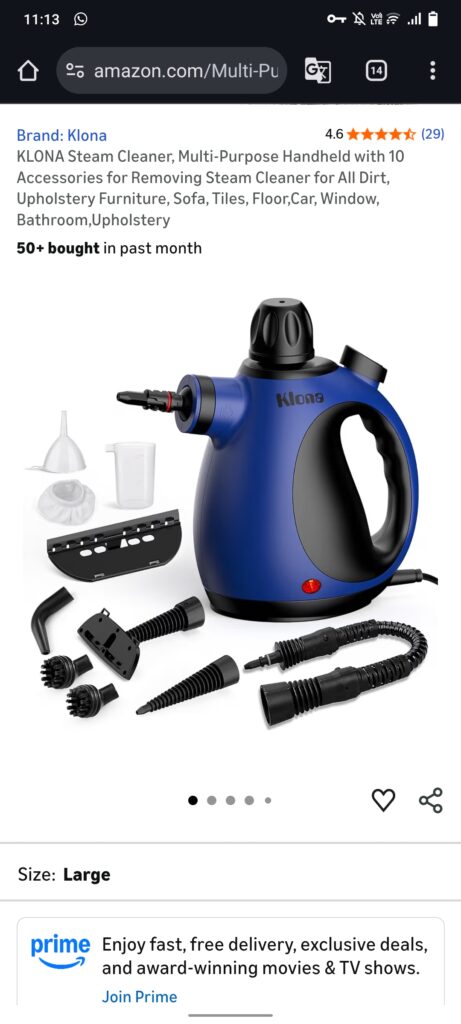 KLONA Handheld Steam Cleaner, Multi-Purpose Steam Cleaner with 10 Accessories for Upholstery, Sofa, Tiles, Floors, Windows, Car & Bathroom – Powerful Dirt & Grime Removal screenshot 20260114 231314